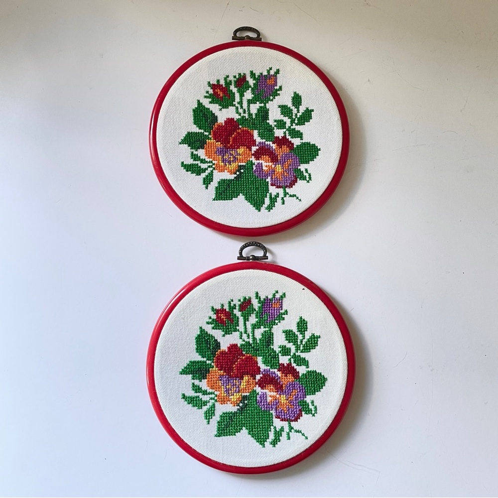 Vintage Pansy Cross Stitch Hoop Wall Art Crandmacore Boho Farmhouse Shabby Chic